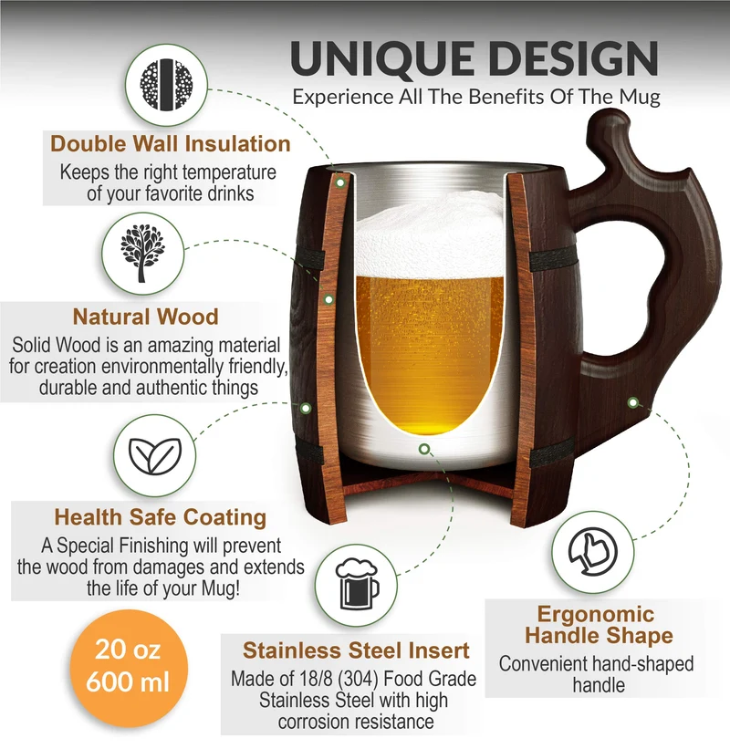 MFC Beer Mug 20 OZ - Tankard Mug - Beer stein - Wooden beer mug - Stainless Steel Cup - Handmade Gifts for Men - Fathers Day, Christmas or Birthday Gift Idea - Men Mug - Barrel Brown