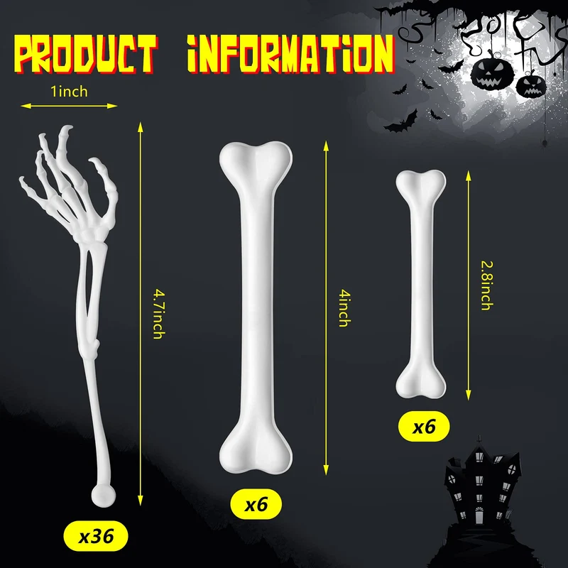 Remerry 48 Pcs Halloween Drink Stirrers Skeleton Swizzle Sticks Skeleton Arms Hands Cocktail Garnish Plastic Cocktail Food Picks for Halloween Bar Horror Party Table Decoration(Arm, Bone,White)