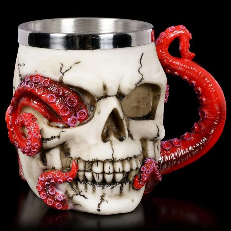 Skull Mug Parasite Octopus Beer Coffee Mugs with Tentacle Handle, Stainless Steel and Resin Tankard Skeleton Cranium Skull Beverage Drinking Cup for Ossuary Macabre Halloween Decorative Accent