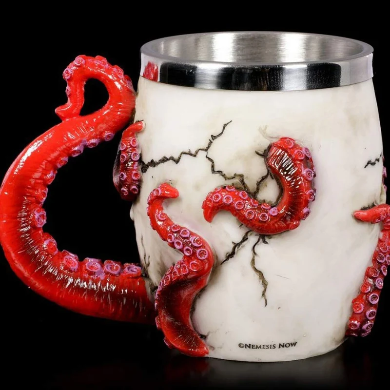 Skull Mug Parasite Octopus Beer Coffee Mugs with Tentacle Handle, Stainless Steel and Resin Tankard Skeleton Cranium Skull Beverage Drinking Cup for Ossuary Macabre Halloween Decorative Accent