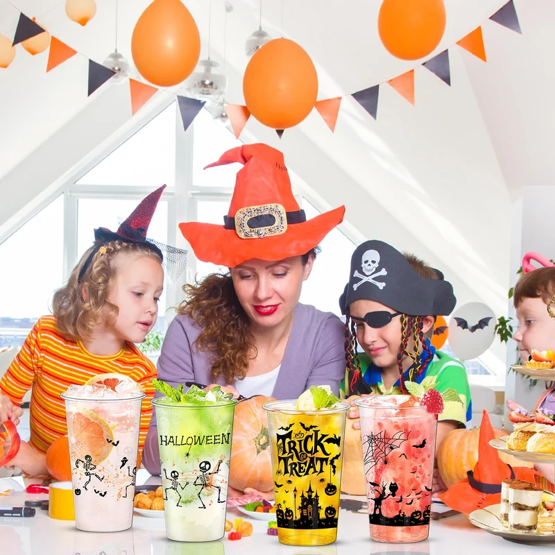 BYMIOYA 50 Pcs 16 Oz Halloween Plastic Cups, Happy Halloween Disposable Clear Cups, Halloween Party Decor Disposable Cups - Ideal for Coffee, Beer, Drinks, Ice Cream, Snacks