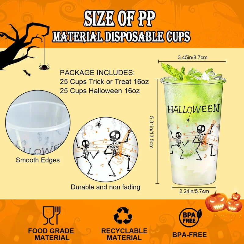 BYMIOYA 50 Pcs 16 Oz Halloween Plastic Cups, Happy Halloween Disposable Clear Cups, Halloween Party Decor Disposable Cups - Ideal for Coffee, Beer, Drinks, Ice Cream, Snacks