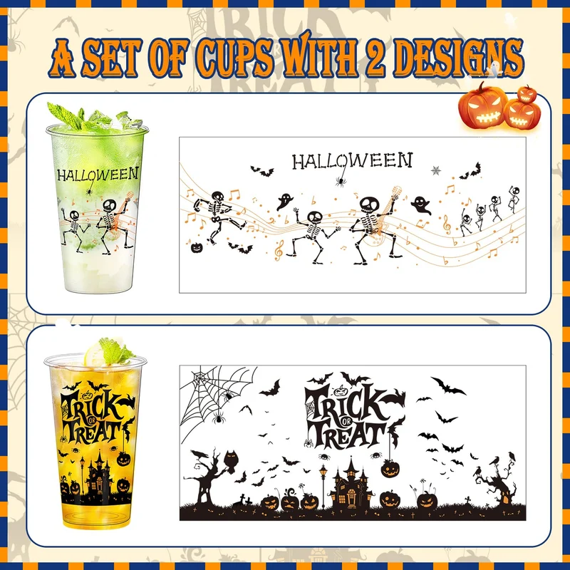 BYMIOYA 50 Pcs 16 Oz Halloween Plastic Cups, Happy Halloween Disposable Clear Cups, Halloween Party Decor Disposable Cups - Ideal for Coffee, Beer, Drinks, Ice Cream, Snacks