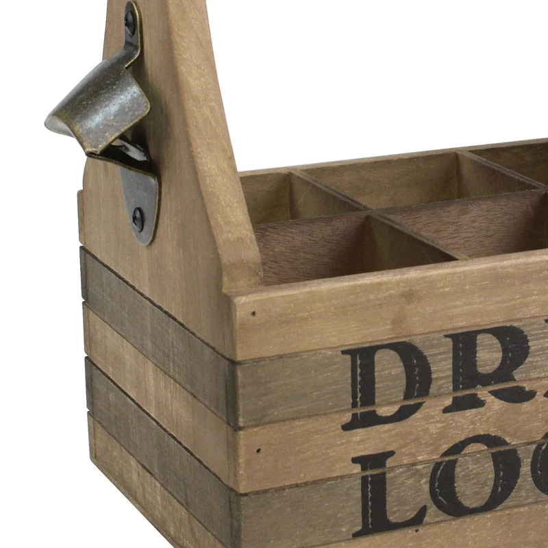 Stonebriar Wooden Drink Local Beer Caddy with Handle and Metal Bottle Opener, Large, Brown
