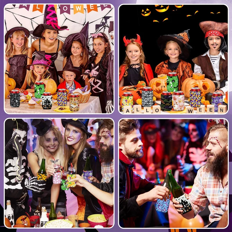 Halloween Can Cooler Sleeves, 18pcs Halloween 12 oz Cold Drinks Beer Drink Can Bottle Cooler Sleeves for Halloween Trick or Treat Party Favors Decorations Supplies