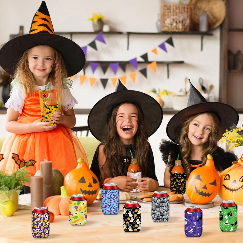 Halloween Can Cooler Sleeves, 18pcs Halloween 12 oz Cold Drinks Beer Drink Can Bottle Cooler Sleeves for Halloween Trick or Treat Party Favors Decorations Supplies