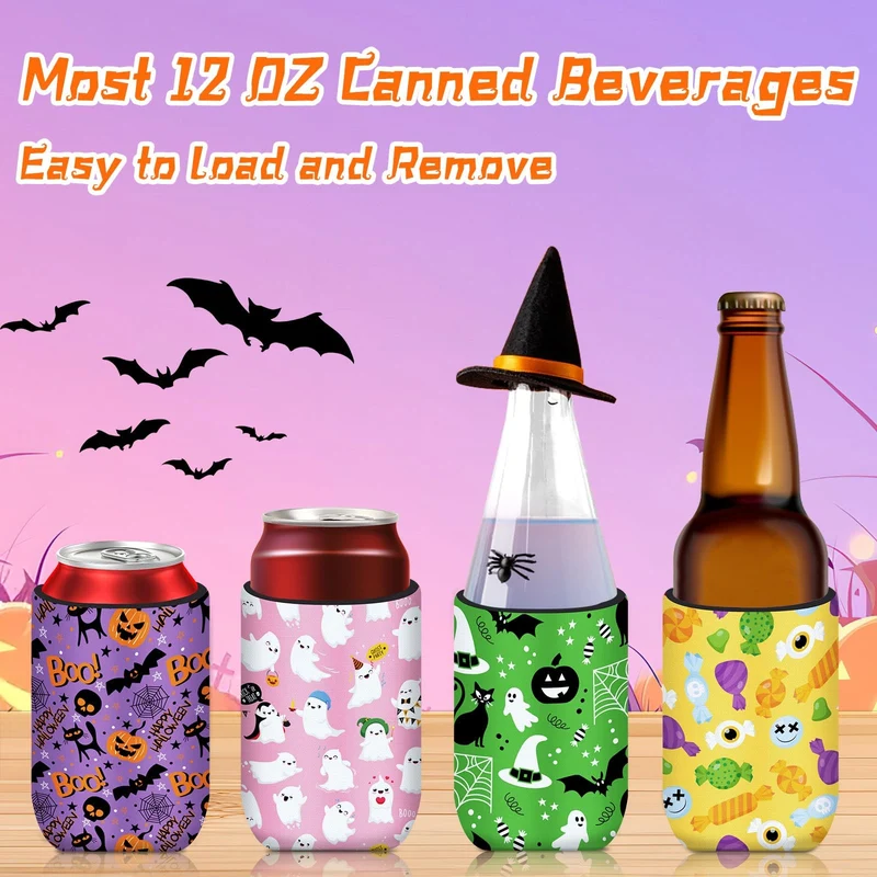 Halloween Can Cooler Sleeves, 18pcs Halloween 12 oz Cold Drinks Beer Drink Can Bottle Cooler Sleeves for Halloween Trick or Treat Party Favors Decorations Supplies