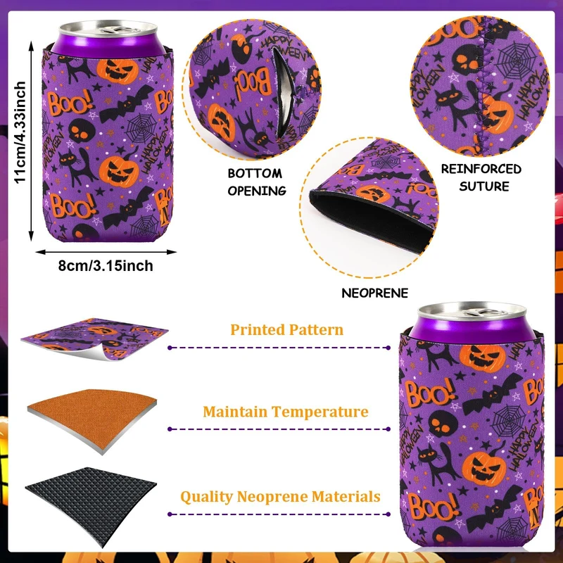 Halloween Can Cooler Sleeves, 18pcs Halloween 12 oz Cold Drinks Beer Drink Can Bottle Cooler Sleeves for Halloween Trick or Treat Party Favors Decorations Supplies