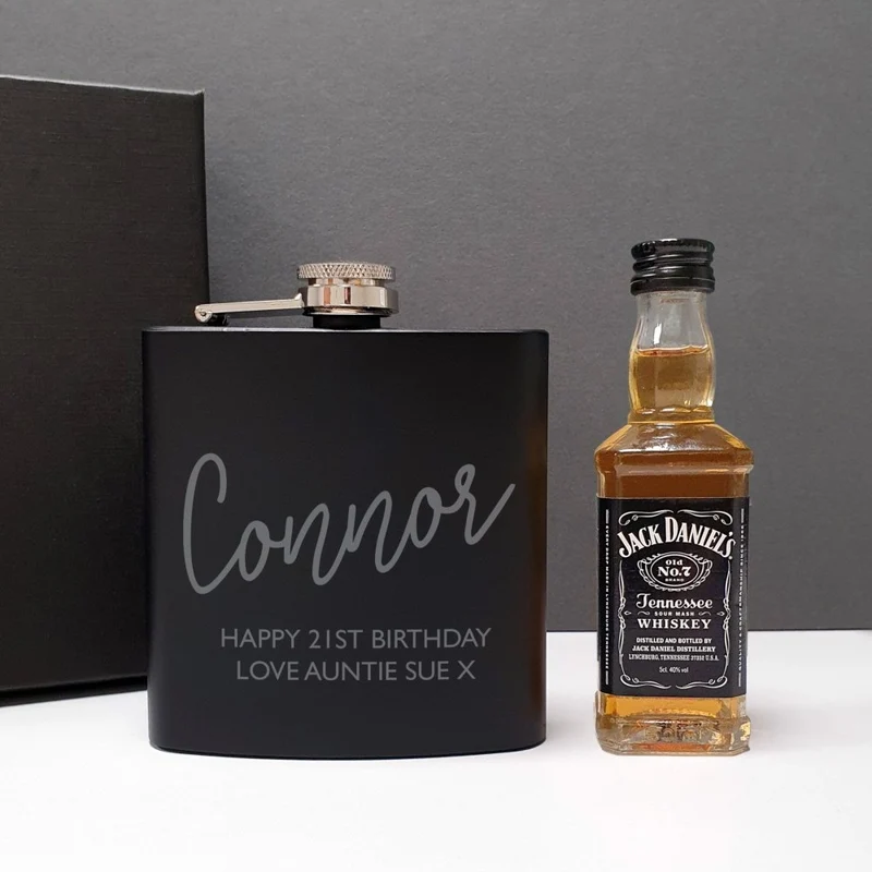 Personalised Free Text Hipflask And Whiskey Miniature Set