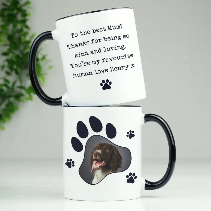 Personalised Paw Print Pet Photo Upload Black HandLED Mug