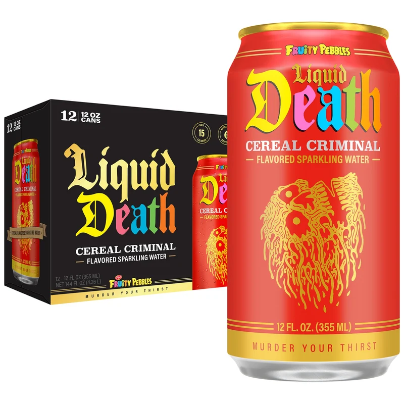 Liquid Death, Cereal Criminal, Fruity Pebbles-Flavored Sparkling Water, 12-Pack (12oz Cans), Low Calorie & No Artificial Sweeteners