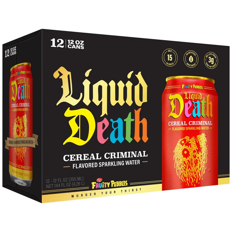 Liquid Death, Cereal Criminal, Fruity Pebbles-Flavored Sparkling Water, 12-Pack (12oz Cans), Low Calorie & No Artificial Sweeteners