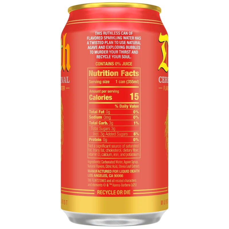 Liquid Death, Cereal Criminal, Fruity Pebbles-Flavored Sparkling Water, 12-Pack (12oz Cans), Low Calorie & No Artificial Sweeteners