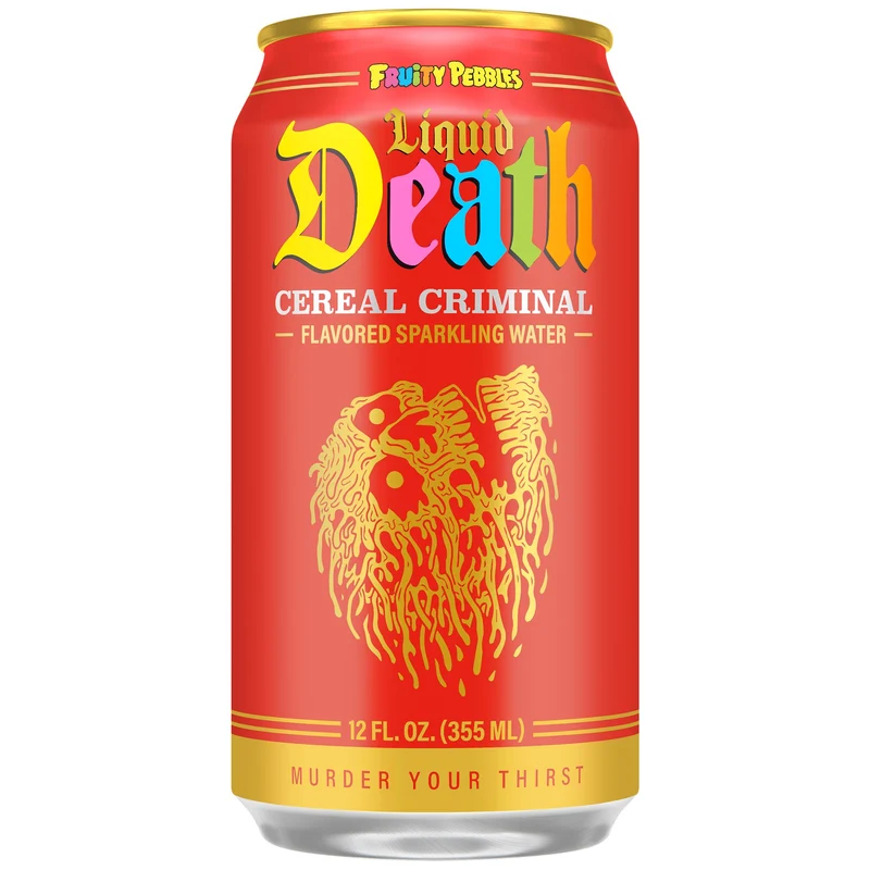 Liquid Death, Cereal Criminal, Fruity Pebbles-Flavored Sparkling Water, 12-Pack (12oz Cans), Low Calorie & No Artificial Sweeteners