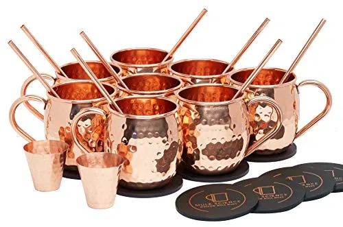 [Gift Set] Mule Science Moscow Mule Mugs Set of 8 (16oz) | Solid Barrel 100% Copper Mugs Set w/ 8 Straws, 8 Coasters & 1 Shot Glass | Handcrafted Tarnish-Resistant Food Grade Lacquer Coat