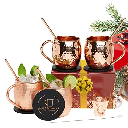 [Gift Set] Mule Science Moscow Mule Mugs Set of 4 | 100% Handcrafted | Food Safe | Copper Mugs with Bonus Accessories | Tarnish Resistant Copper Cups | 16 oz.