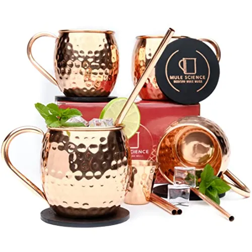 [Gift Set] Mule Science Moscow Mule Mugs Set of 4 | 100% Handcrafted | Food Safe | Copper Mugs with Bonus Accessories | Tarnish Resistant Copper Cups | 16 oz.