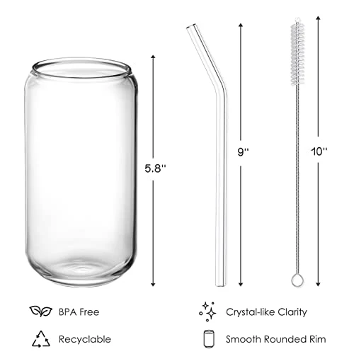 Drinking Glasses with Glass Straw 4pcs Set - 16oz Can Shaped Glass Cups, Beer Glasses, Iced Coffee Glasses, Cute Tumbler Cup, Ideal for Whiskey, Soda, Tea, Water, Gift - 2 Cleaning Brushes