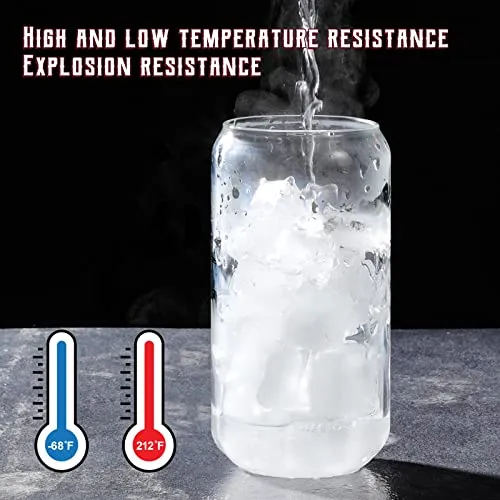 Drinking Glasses with Glass Straw 4pcs Set - 16oz Can Shaped Glass Cups, Beer Glasses, Iced Coffee Glasses, Cute Tumbler Cup, Ideal for Whiskey, Soda, Tea, Water, Gift - 2 Cleaning Brushes