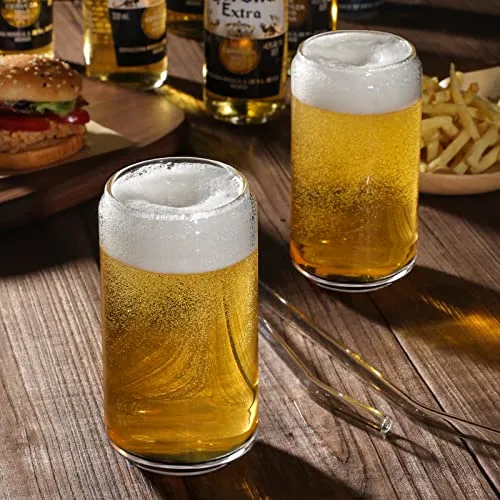 Drinking Glasses with Glass Straw 4pcs Set - 16oz Can Shaped Glass Cups, Beer Glasses, Iced Coffee Glasses, Cute Tumbler Cup, Ideal for Whiskey, Soda, Tea, Water, Gift - 2 Cleaning Brushes