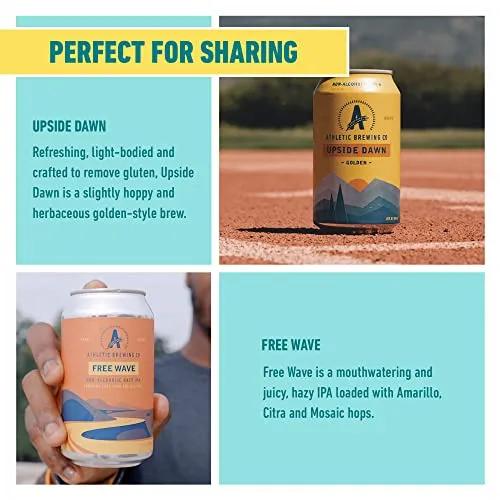 Athletic Brewing Company Craft Non-Alcoholic Beer - Mix 12-Pack - Upside Dawn Golden and Free Wave Hazy IPA - Low-Calorie, Award Winning - All Natural Ingredients For Great Tasting Drink - 12 Fl Oz Cans
