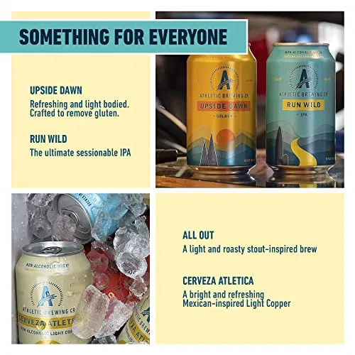 Athletic Brewing Company Craft Non-Alcoholic Beer - 6-Pack of All Out, Upside Dawn, Run Wild IPA, and Cerveza Atletica - Low-Calorie, Award Winning - All Natural Ingredients For A Great Tasting Drink - 12 Fl Oz Cans