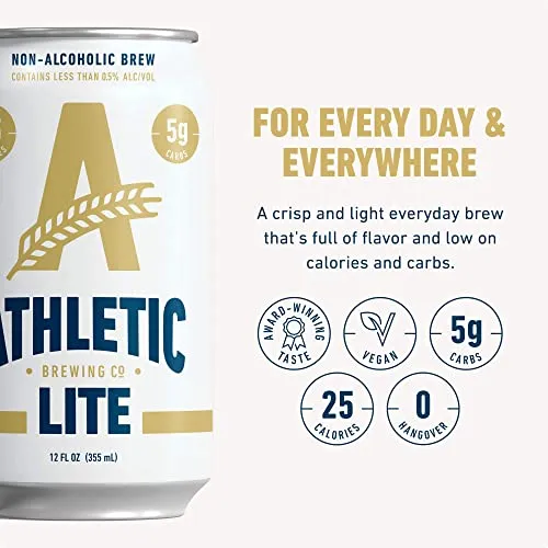 Athletic Brewing Company Light Craft Non-Alcoholic Beer - 12 Pack x 12 Fl Oz Cans - Athletic Lite Light Brew - Low-Calorie, Award Winning - Simply Crisp, Refreshing, Brisk & Smooth - Beautiful Noble Hops & Malt Body