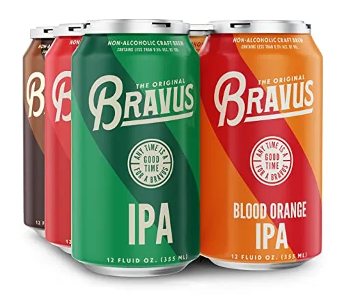 Bravus Non-Alcoholic Variety Sampler 24 Pack x 12 Fl Oz Cans - Low-Calorie, Gluten-Reduced, Vegan NA Craft Brew, 5 IPA, 5 Oatmeal Dark, 5 Raspberry Gose, 5 Blood Orange, 4 Peanut Butter Dark