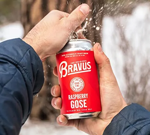 Bravus Non-Alcoholic Variety Sampler 24 Pack x 12 Fl Oz Cans - Low-Calorie, Gluten-Reduced, Vegan NA Craft Brew, 5 IPA, 5 Oatmeal Dark, 5 Raspberry Gose, 5 Blood Orange, 4 Peanut Butter Dark