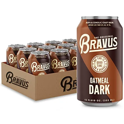 Bravus Non-Alcoholic Brew Oatmeal Dark - 12 Pack x 12 Fl Oz Cans - Low-Calorie, GABF Silver Medal Winner