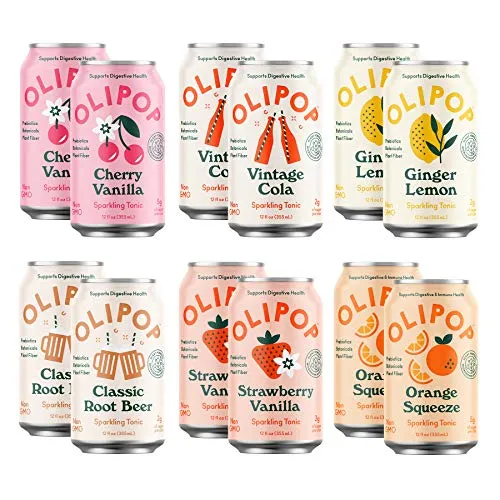 OLIPOP - The Sampler, 6-Flavor Soda Variety Pack, Healthy Soda, Prebiotic Soft Drinks, Supports Digestive Health & Gut Health, 9g of Dietary Plant Fiber, Low Calorie, Low Sugar, Vegan (12 oz, 12-Pack)