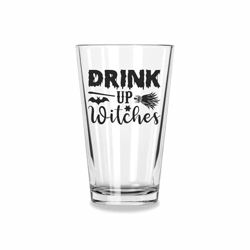 16oz hilarious halloween pint glass, halloween beer glass, halloween decorations indoor, cute halloween decor, fall centerpieces, spooky autumn glassware, screen printed black (Drink Up Witches)