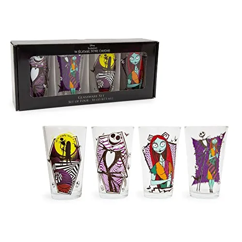 Disney The Nightmare Before Christmas Jack & Sally 16-Ounce Pint Glasses, Set of 4 | Traditional Beer Mug Glassware For Liquor, Beverages, Pub Drinks | Home Barware Decor, Kitchen Essentials
