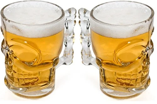 Circleware Skull Face Beer Mug Drinking Glasses with Handle, Set of 2, Heavy Base Funny Entertainment Glassware for Water, Juice and Halloween Decorations Beverage Gifts, 17.6 oz.