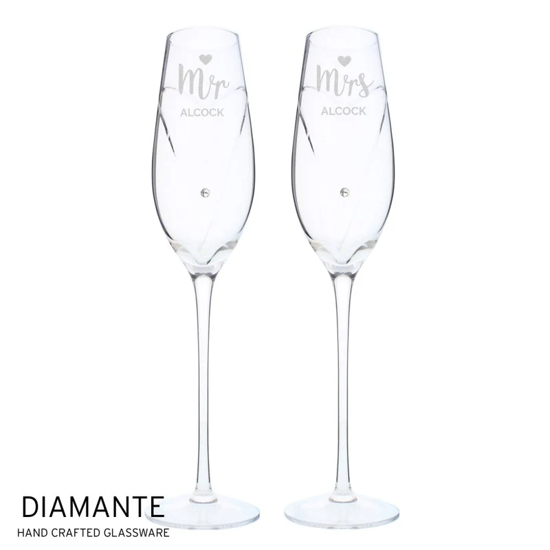 Personalised Hand Cut Mr & Mrs Pair Of Diamante Champagne Flutes, In A Gift Box