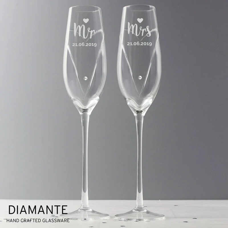 Personalised Hand Cut Mr & Mrs Pair Of Diamante Champagne Flutes, In A Gift Box