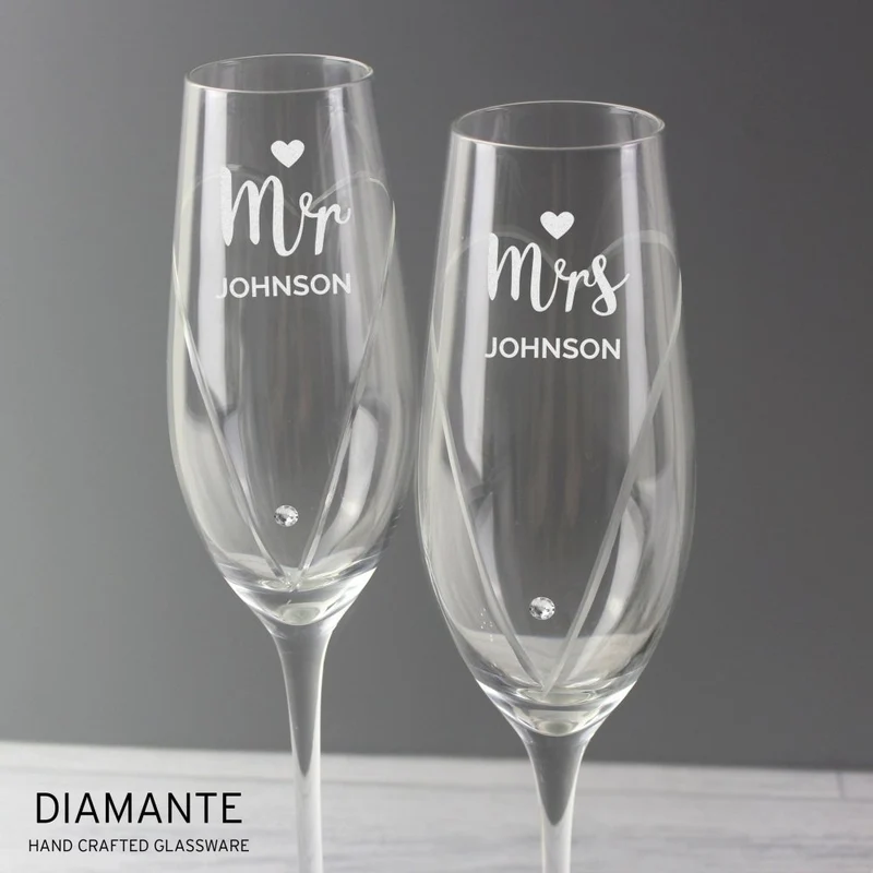 Personalised Hand Cut Mr & Mrs Pair Of Diamante Champagne Flutes, In A Gift Box
