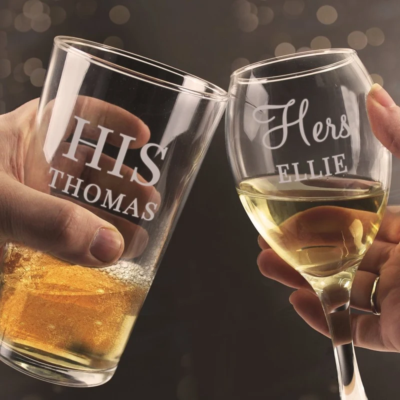 Personalised His & Her Pint And Wine Glass Set