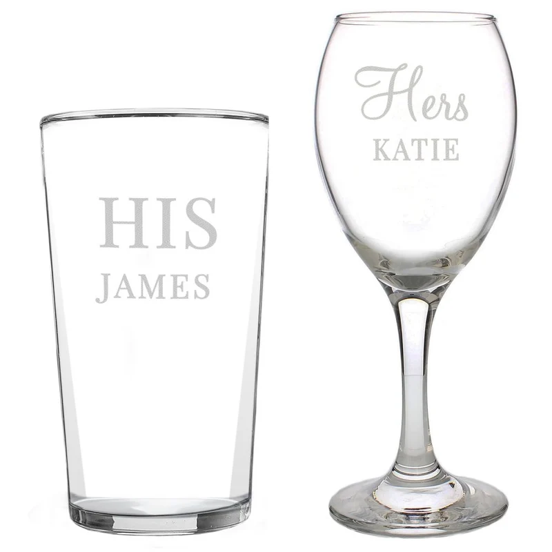 Personalised His & Her Pint And Wine Glass Set