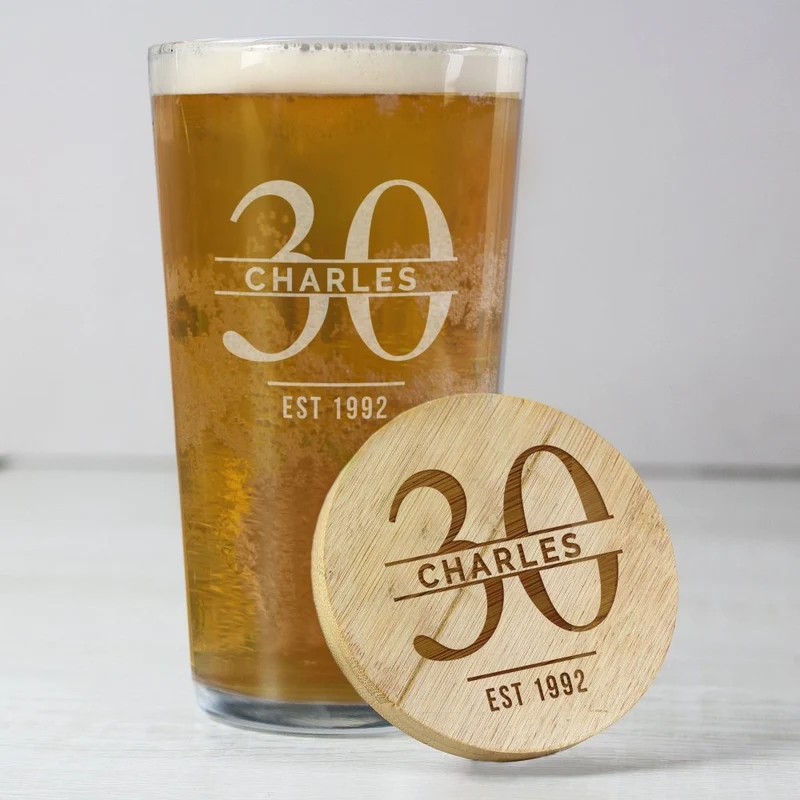 Personalised Big Age Bamboo Bottle Opener Coaster And Pint Glass Set