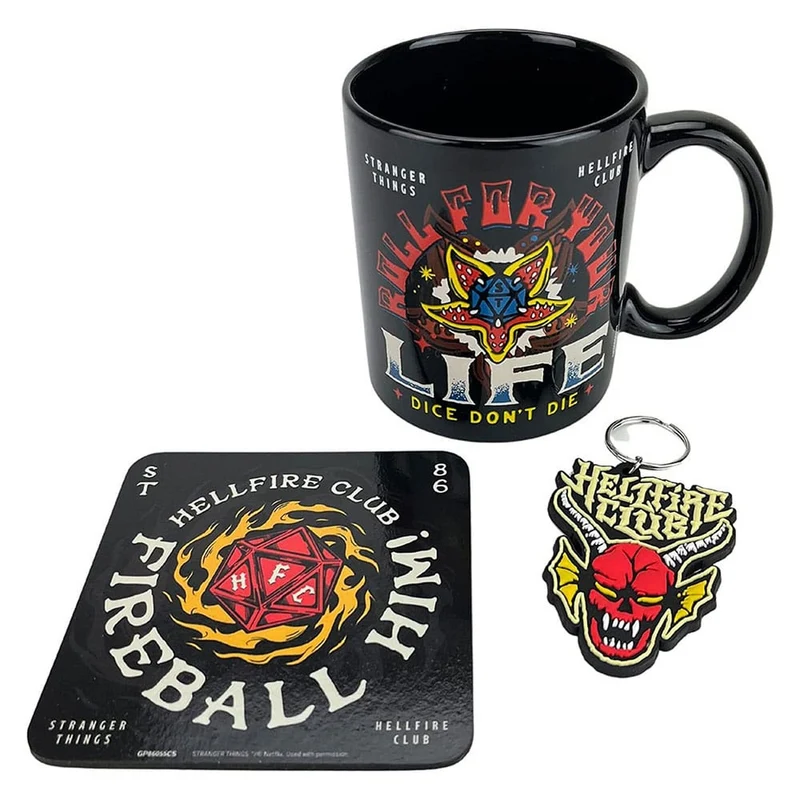 Stranger Things Tasse, Untersetzer und Schlüsselanhänger Set Hellfire