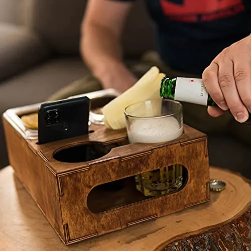 Wood Beer Box - Gift for Beer Lovers, Dad, Man, Him, Father - Drink Box Snacks Tray- Table Stand Caddy with slots for glasses, chips, nuts- Couch Organizer for Beverages, Remote Control, Phone stand