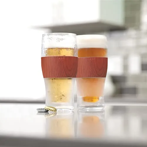 Host FREEZE Beer Glasses, Frozen Beer Mugs, Freezable Pint Glass Set, Insulated Beer Glass to Keep Your Drinks Cold, Double Walled Insulated Glasses, Tumbler for Iced Coffee, 16oz, Set of 2, Wood