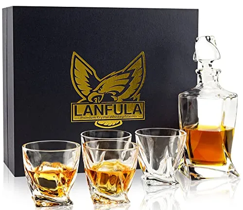 Whiskey Decanter Set With Glasses, Twisted Crystal Liquor Dispenser Set for Scotch Bourbon Whisky Alcohol In Gift Box for Men Dad Boyfriend Brother Husband for Anniversary. 5-Piece