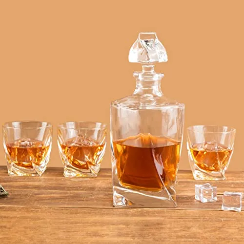 Whiskey Decanter Set With Glasses, Twisted Crystal Liquor Dispenser Set for Scotch Bourbon Whisky Alcohol In Gift Box for Men Dad Boyfriend Brother Husband for Anniversary. 5-Piece