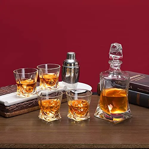 Whiskey Decanter Set With Glasses, Twisted Crystal Liquor Dispenser Set for Scotch Bourbon Whisky Alcohol In Gift Box for Men Dad Boyfriend Brother Husband for Anniversary. 5-Piece