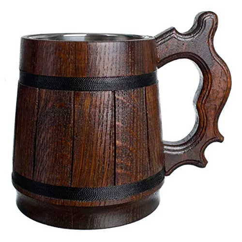 MyFancyCraft Wood Beer Mug with Box Stainless Steel Cup Men Souvenir Handmade Retro Brown