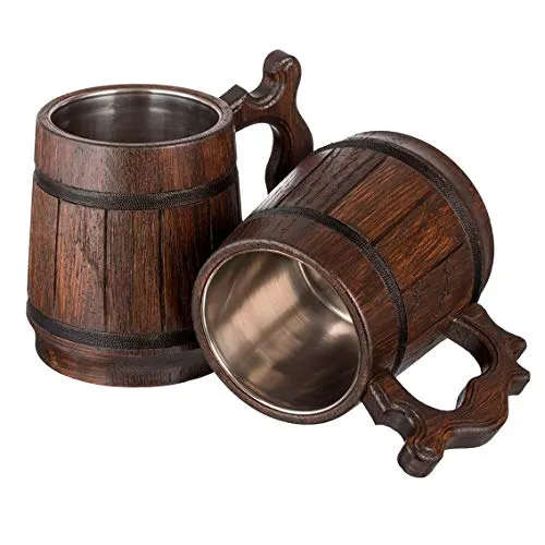 MyFancyCraft Wood Beer Mug with Box Stainless Steel Cup Men Souvenir Handmade Retro Brown