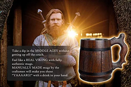 MyFancyCraft Wood Beer Mug with Box Stainless Steel Cup Men Souvenir Handmade Retro Brown