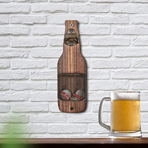 SODUKU Vintage Wooden Wall Mounted Bottle Opener with Cap Catcher for Beer Lovers
